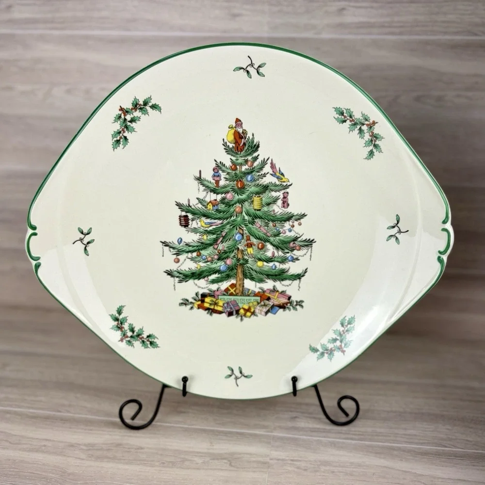 Spode Christmas Tree Cake Plate Tray Vintage Round Handled w/ Box S3324 England